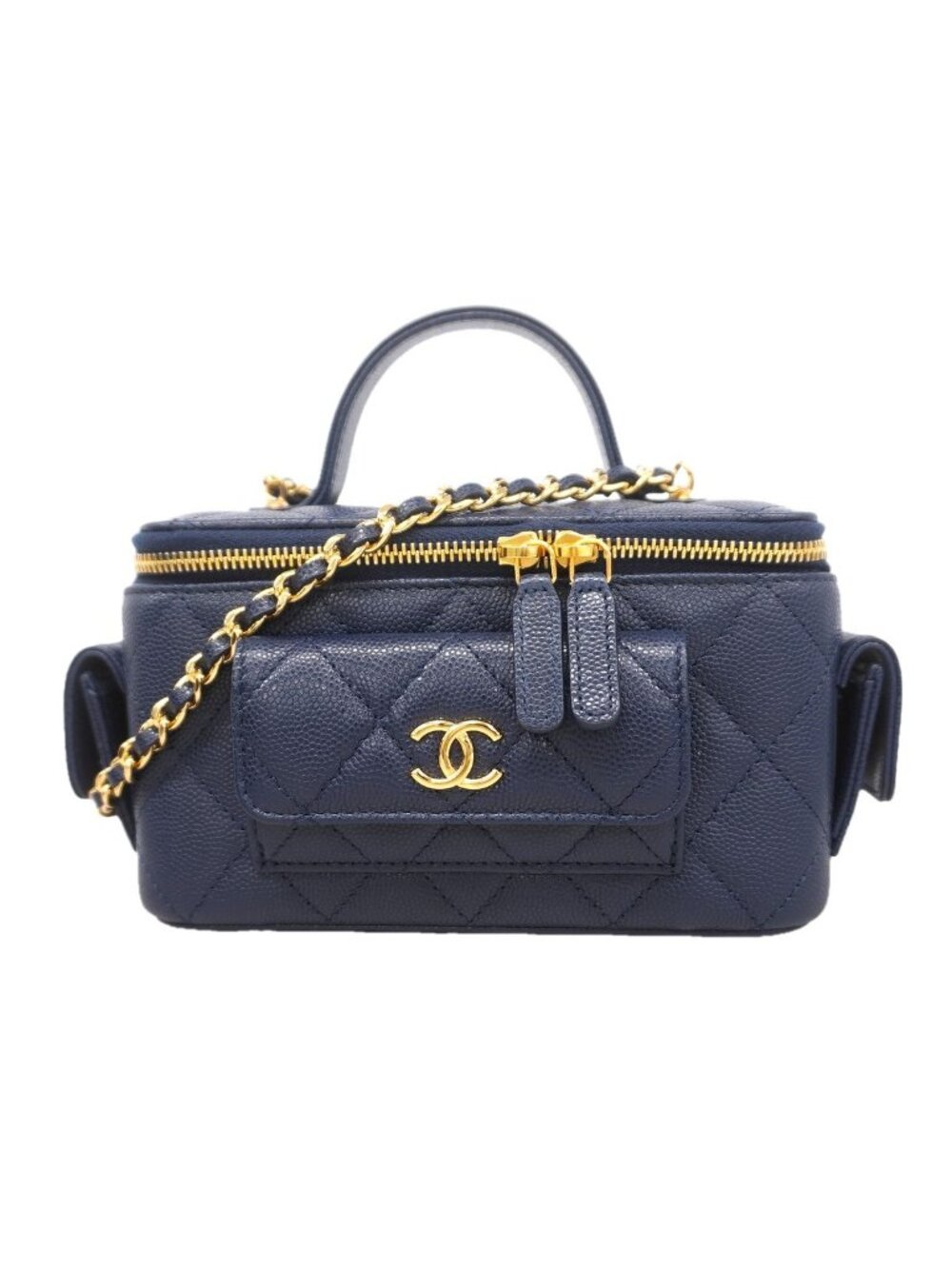 Chanel Handbag Quilted Caviar Leather Blue Gold 2-Way Bag